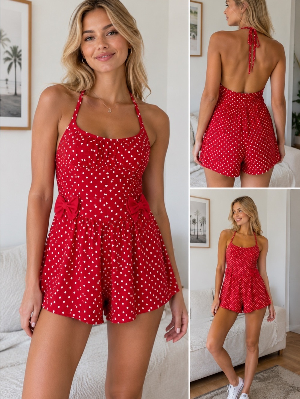 New! Free People Red Polka Dot Halter Romper Boho Pinup Bow Detail 39134